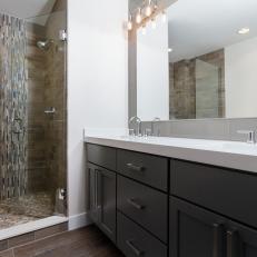 White and Brown Double Vanity Bathroom With Shower
