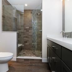 White Bathroom With Brown Tile Walk-In Shower