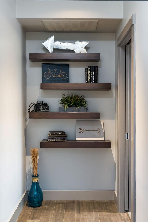Decorative Floating Shelves in Contemporary Hallway | HGTV