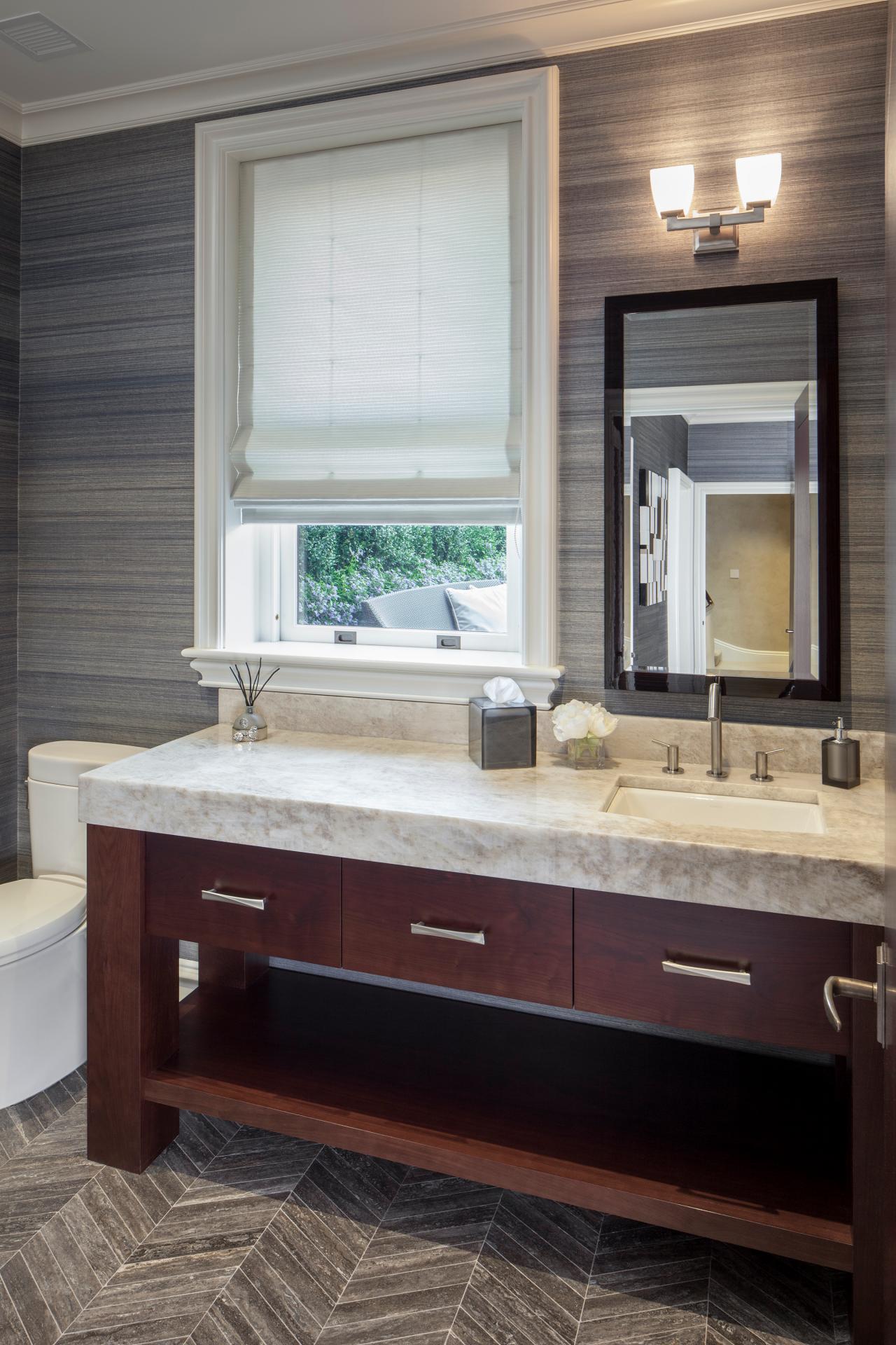 Contemporary Gray Bathroom With Herringbone Floor Tile | HGTV