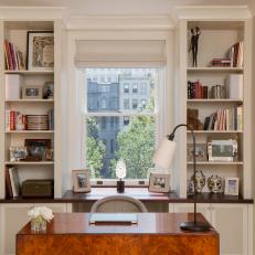 Sophisticated Hers Home Office With Built-In Shelves
