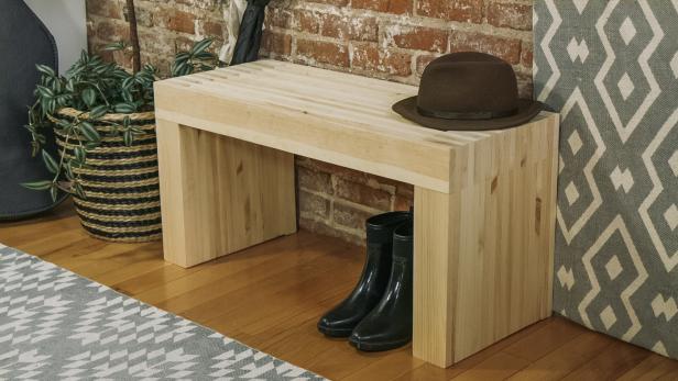 minimalist wood bench in a foyer