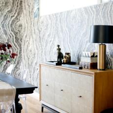 Eclectic Dining Room Features Geode-Inspired Wallpaper