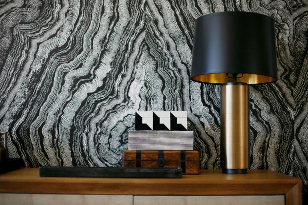 Contemporary Brass Lamp With Black Lampshade in Black & White Room
