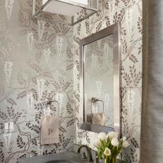 Transitional Powder Room With Metallic Patterned Walls