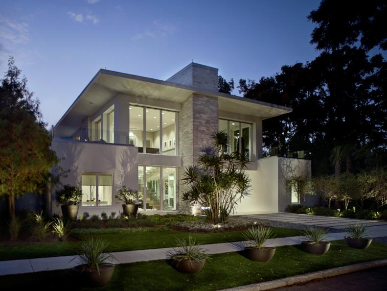 Modern White House Exterior With Flat, Cantilevered Roof