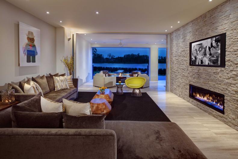 Contemporary Living Room With Gray Velvet Sofas & Fireplace