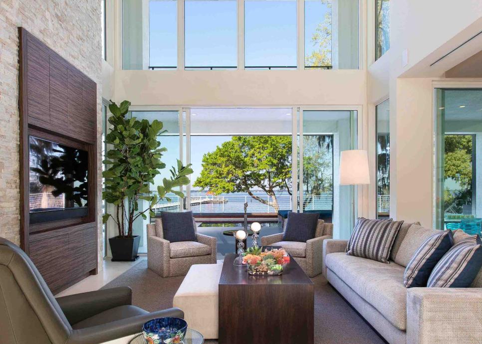 Contemporary Living Room With Cozy Furniture & Lovely View | HGTV