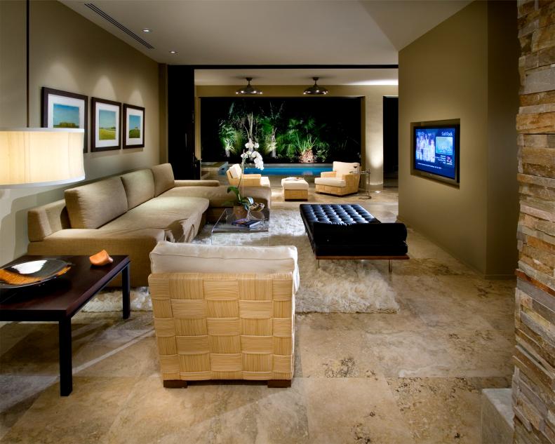 Contemporary Tan Living Room With Tan Sectional and TV
