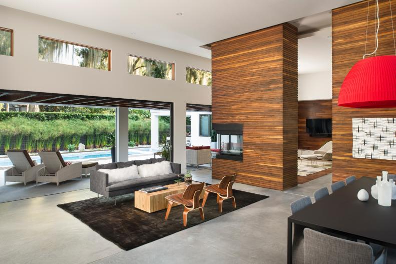 Contemporary Living Area With Wood Accent Wall and Clerestory Windows