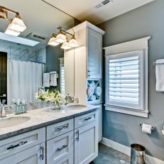 Transitional Gray Master Bathroom With Double Vanity