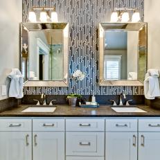 Transitional Bathroom With Bold Black-and-White Wallpaper