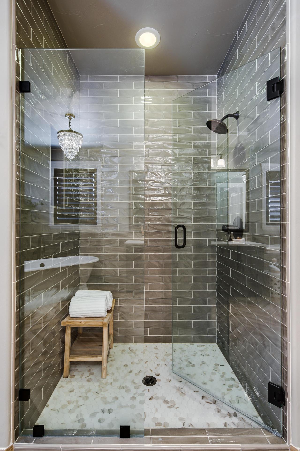 Green Tile Shower With Sleek Glass Enclosure | HGTV