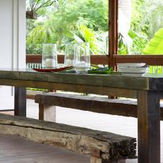 Rustic Wood Dining Table and Bench on Porch