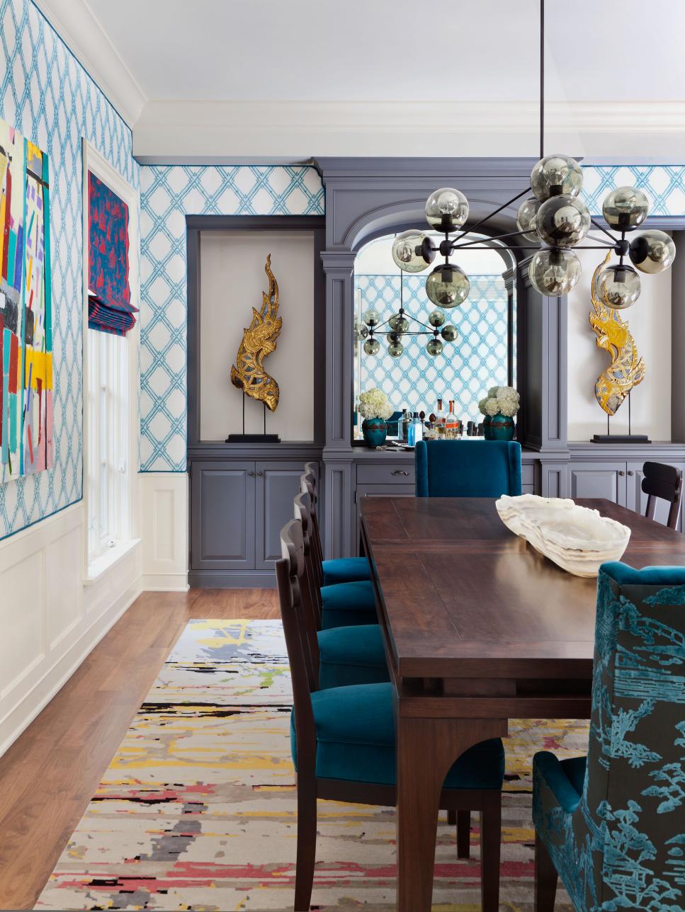 Blue Traditional Dining Room With Diamond Wallpaper | HGTV