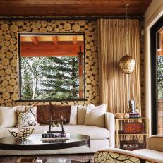 Neutral Rustic Living Room With Log Wallpaper