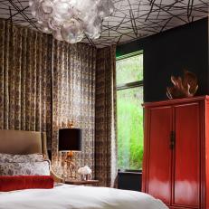 Multicolored Eclectic Bedroom With Red Cabinet