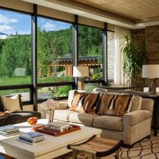Neutral Rustic Living Room With Window Wall
