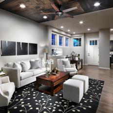 Contemporary Family Room With Wooden Ceiling
