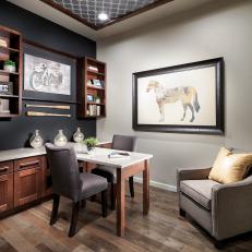 Neutral Transitional Home Office With Black Accent Wall