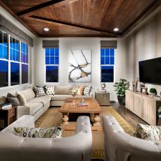Contemporary Family Room With Wood Plank Ceiling