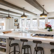 Fresh White Modern Kitchen with Wood Ceiling Beams 