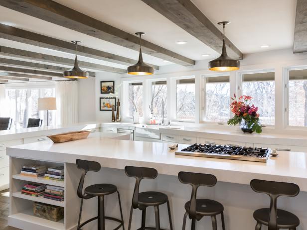 Fresh White Modern Kitchen With Wood Ceiling Beams Hgtv