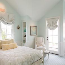 Bright Girl's Bedroom with White Linens, Roman Shades and Large Windows