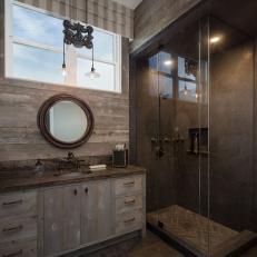 Rustic Bathroom with Wood Paneled Walls and Vanity and Large Marble Shower