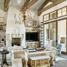 Open, Transitional Living Room is Rustic, Sophisticated