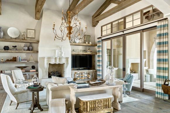 White, Transitional Living Room With Exposed Wood Beams