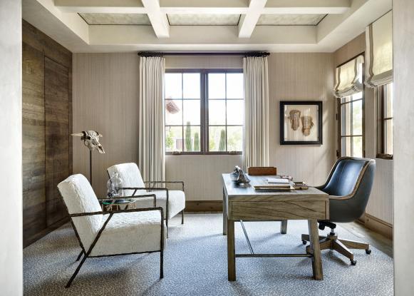 Neutral, Contemporary Home Office With Sleek Wooden Desk