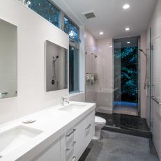 White, Modern Master Bathroom with Textured Walls