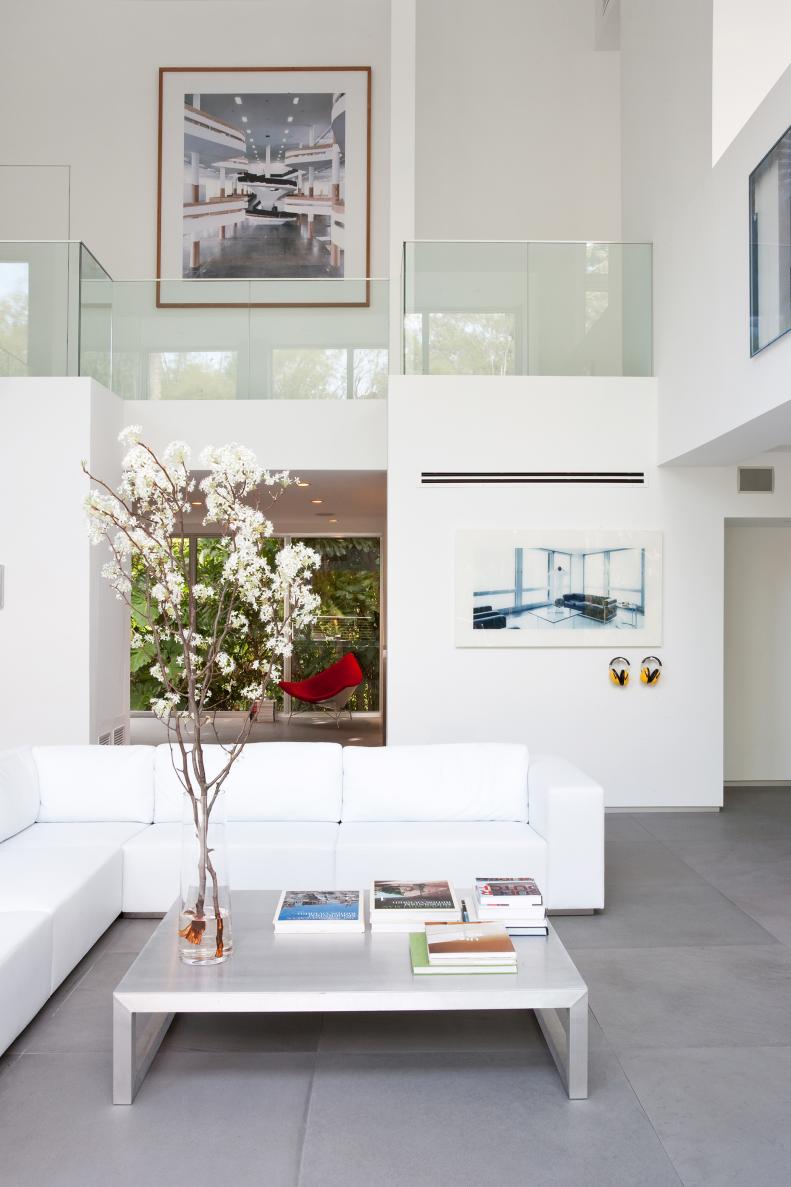 Two-Story White Modern Living Room