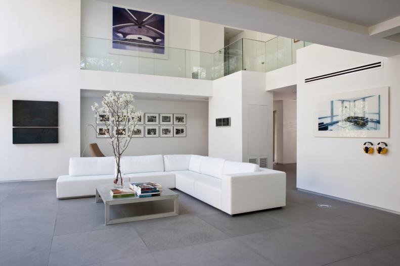 Two-Story White Modern Living Room