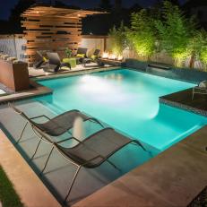 Backyard Pool Area With Ipe Wood Arbor and Artificial Turf