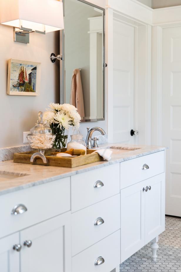 Classic White Vanity With Marble Top in Neutral Bathroom | HGTV