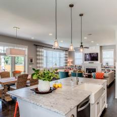 Open Concept Room With Kitchen Island & Butcher Block Dining Table