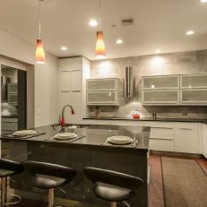 Gray Contemporary Kitchen With Pendants