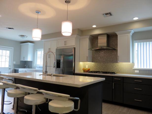 Modern Black-and-White Kitchen with Unique Beige Tile Backsplash  HGTV