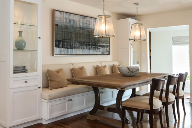 Neutral Transitional Dining Room With Built-In Banquette