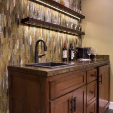 Masculine Wet Bar With Glass Tile Wall