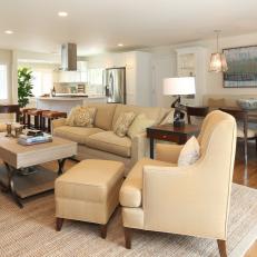 Neutral, Transitional Living Space has Open Floor Plan