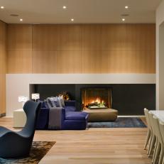Modern Family Room with Fireplace, Paneled Walls