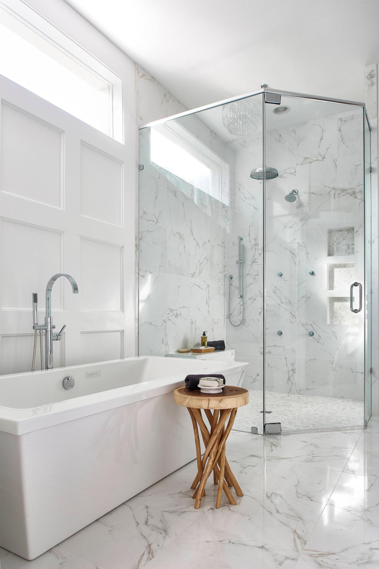 Contemporary Master  Bath  With White Marble and Glass 