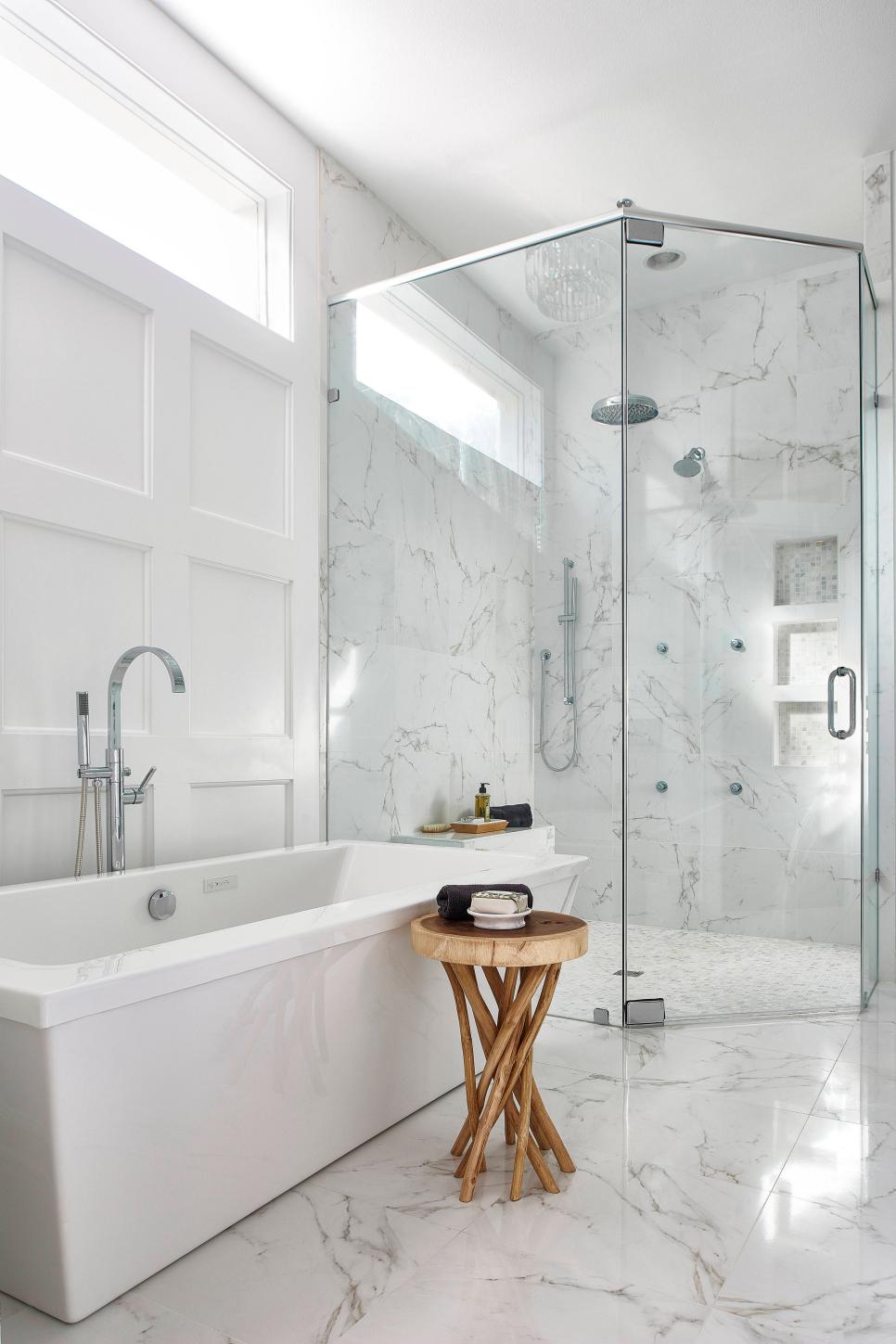 marble bathrooms curbless tub freestanding tiles carrara remodel hgtv door renovation paneled catchy digsdigs flooring