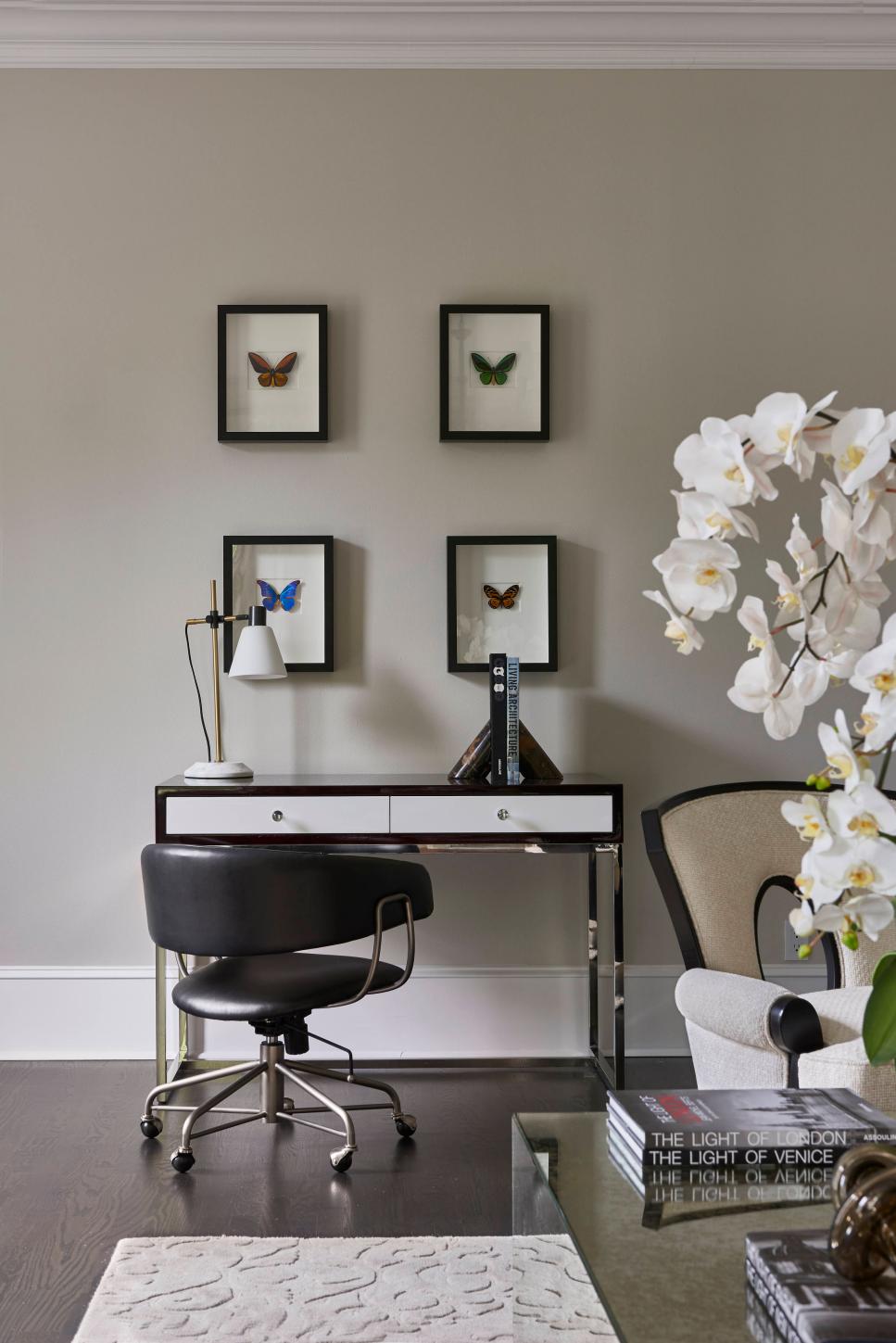 Desk Area in Neutral Transitional Living Room | HGTV