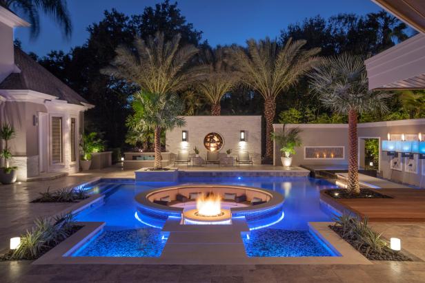 Tropical Pool With Sunken Fire Pit Seating Area Hgtv Ultimate