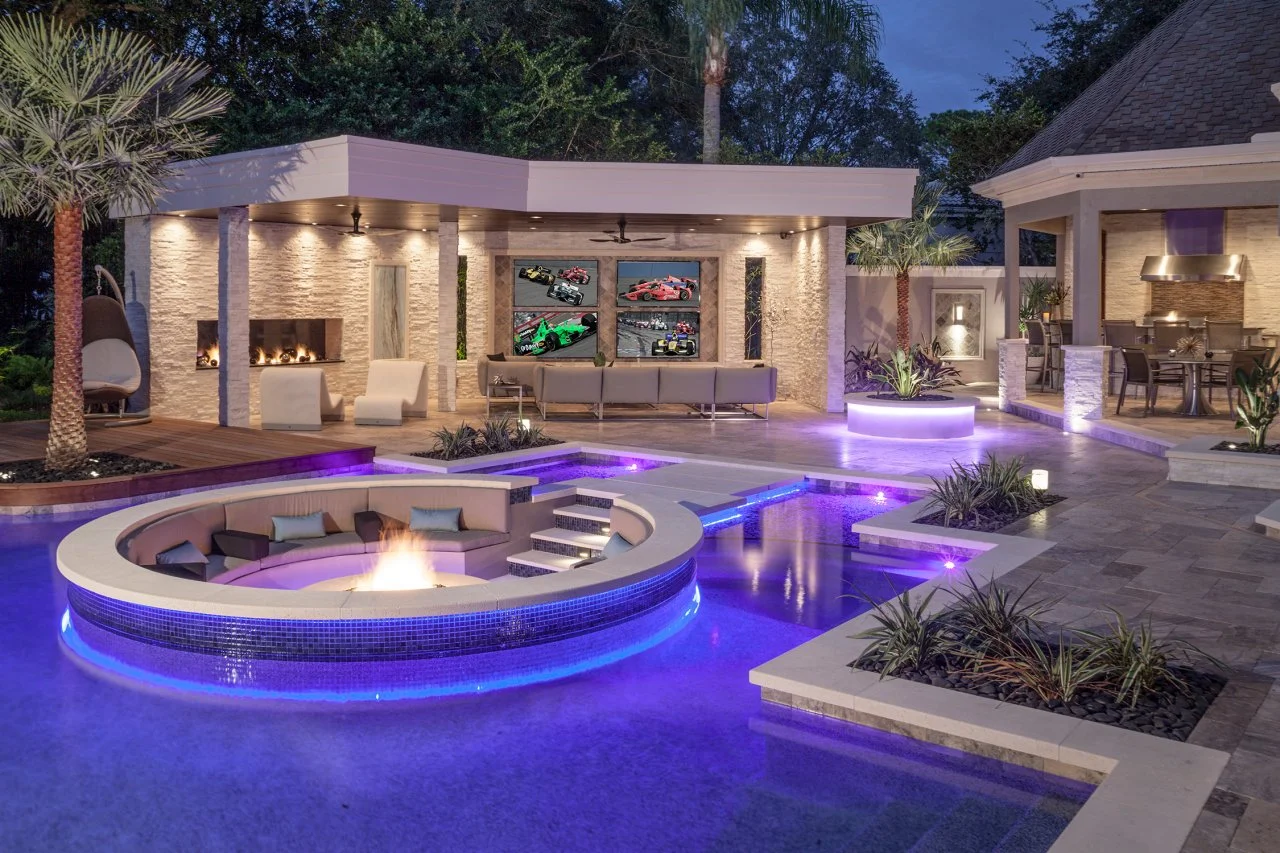 Tropical Pool With Sunken Fire Pit Seating Area | HGTV, image size:1280x853