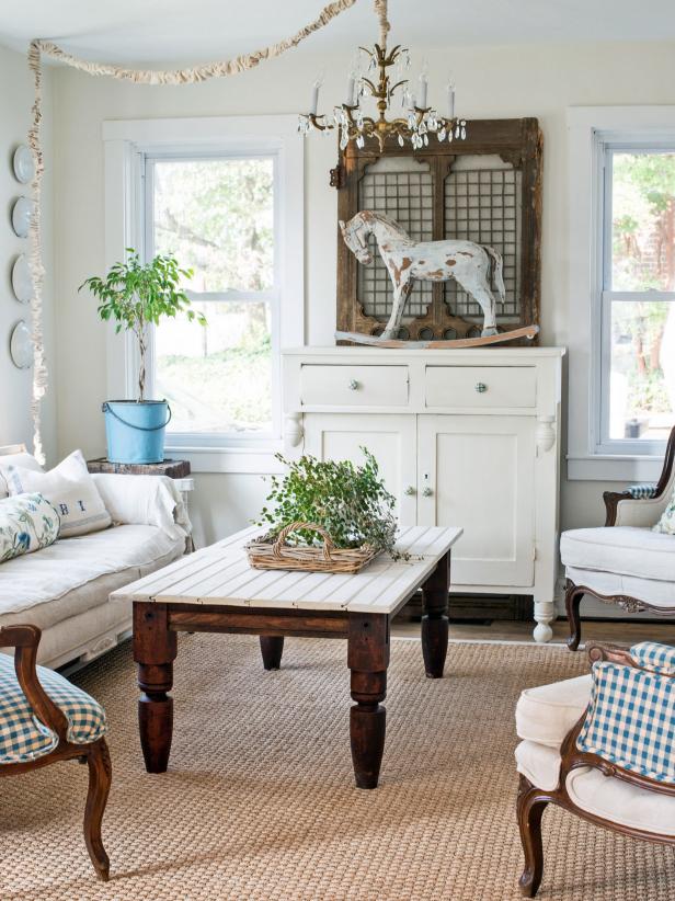 Salvaged wood and architectural pieces are prime candidates to be repurposed as furniture. In the case of this table, pieces of an old rope bed and a bead board door are converted into a functional and one-of-a-kind coffee table.